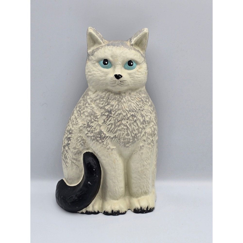 Cast Vintage Sitting Cat Figurine Blue Eyes Black Tail Cream Gray‎ Rustic Decor